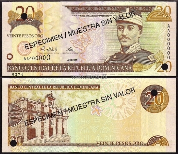 Picture of DOMINICAN REP. 20 Pesos 2000 Specimen P 160s UNC