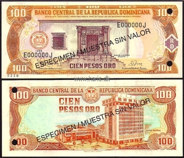 Picture of DOMINICAN REP. 100 Pesos 1998 Specimen P 156s UNC