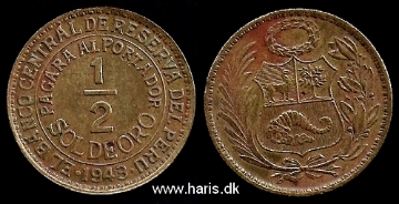 Picture of PERU 1/2 Sol de Oro 1943 KM220.4 VF+