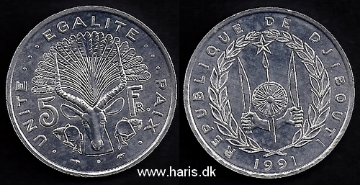 Picture of DJIBOUTI 5 Francs 1991 KM22 UNC