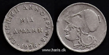 Picture of GREECE 1 Drachme 1926 B KM69 VF