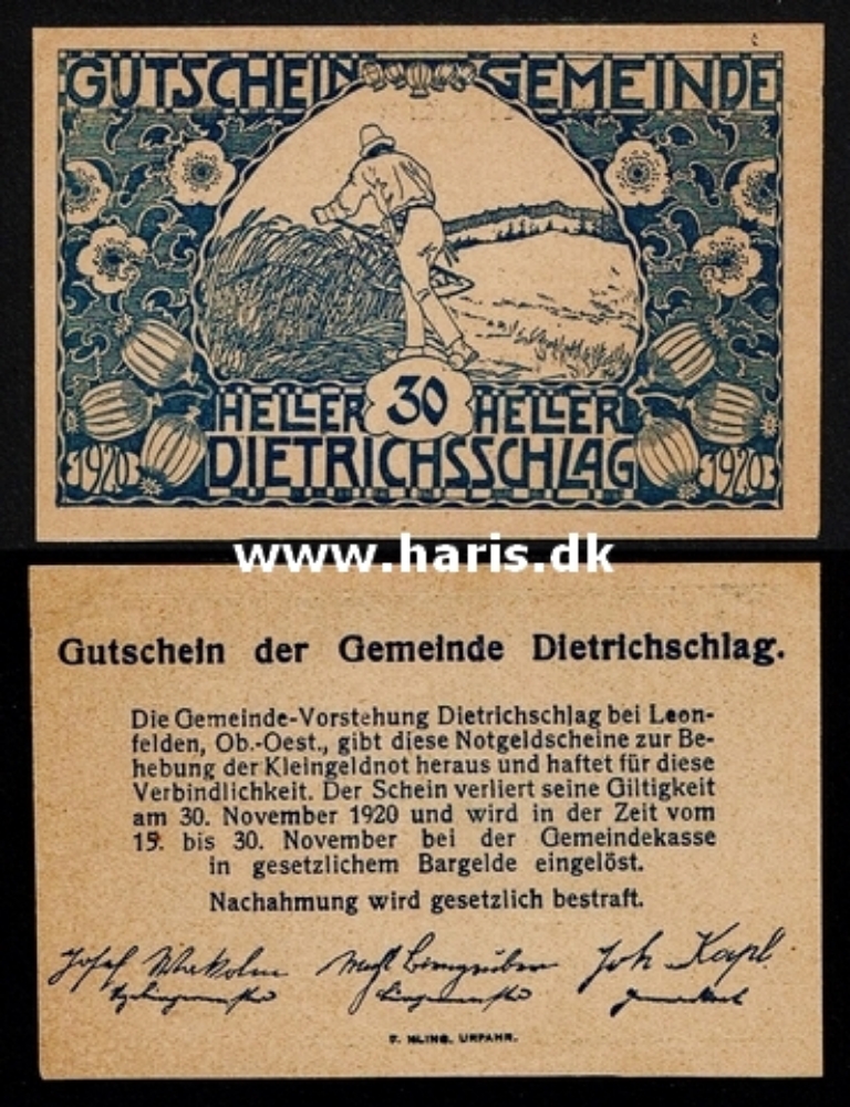 Picture of AUSTRIA - Dietrichsschlag 30 Heller 1920 XF