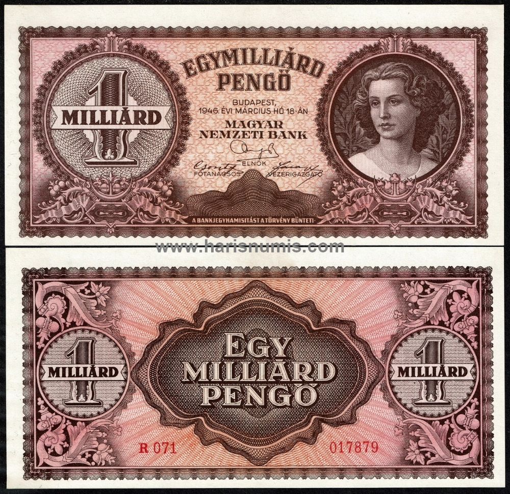 Picture of HUNGARY 1.000.000.000 (Milliárd) Pengö 1946 P 125 UNC