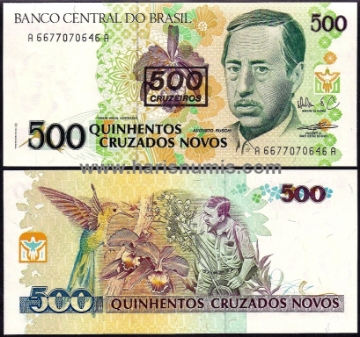 Picture of BRAZIL 500 Cruzeiros on 500 Cruzados Novos ND(1990) P226b UNC